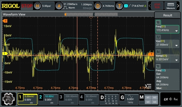 Oscilloscope traces of Electronic Transformer output voltage and input current